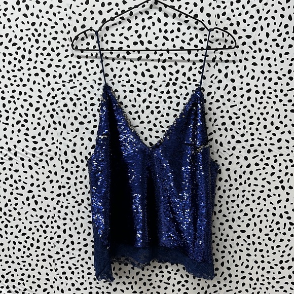 Free People Blue Sequin Tank Lace Trim Cami - Picture 2 of 5